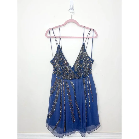Free People Cassiopeia Navy Beaded Embellished Party Dress Size 0